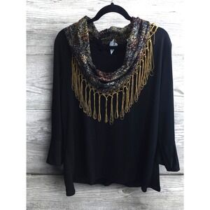 NWT‎ NY Collection Woman Top PLus Size 2X Black Bell Sleeve Scarf Tassles Boho